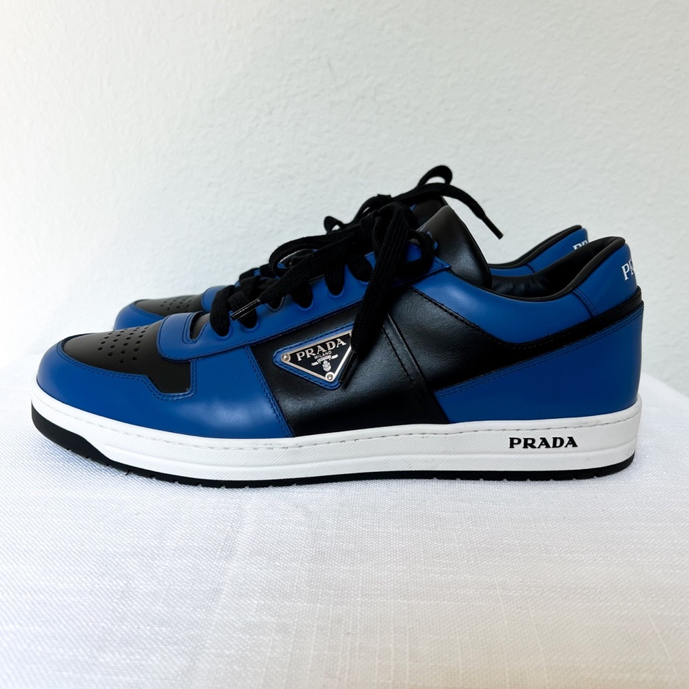 Prada Men’s Downtown Leather Sneakers in Black / Blue, New without Box - Picture 2 of 7